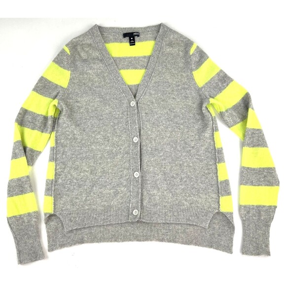 Aqua Cashmere V Neck Cardigan Sweater Gray Chartreuse Green Womens Size M - Picture 1 of 7